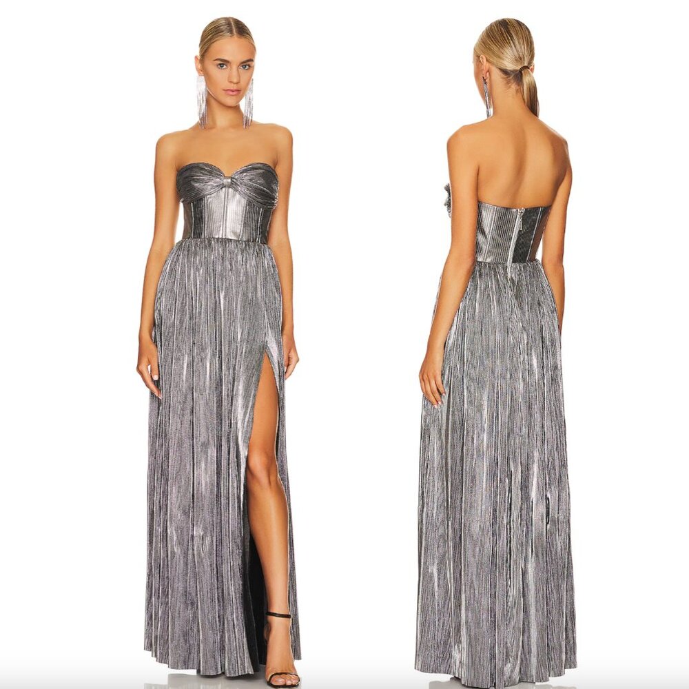 NEW Bronx and Banco Florence Gown in Silver Metallic Strapless Formal Maxi Dress - Picture 1 of 6